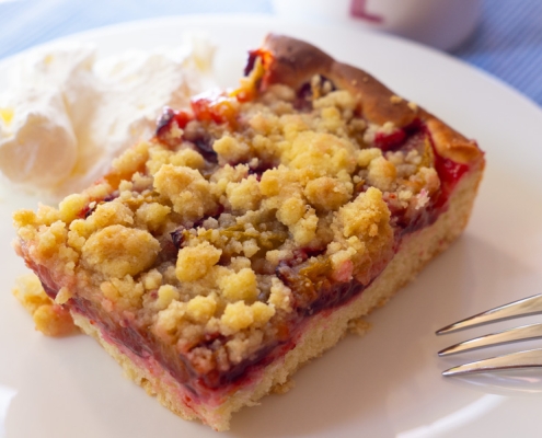 Stück Zwetschgenkuchen mit Hefeteig und Streuseln auf Teller