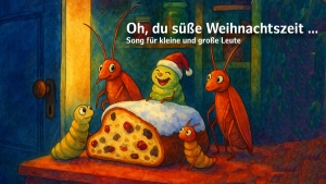 Käfer und Maden sitzen um Christstollen herum, Aquarell Käfer und Maden sitzen um Christstollen herum, Aquarell